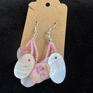 Light Pink Beaded Shell Chain Oval Iridescent Earrings